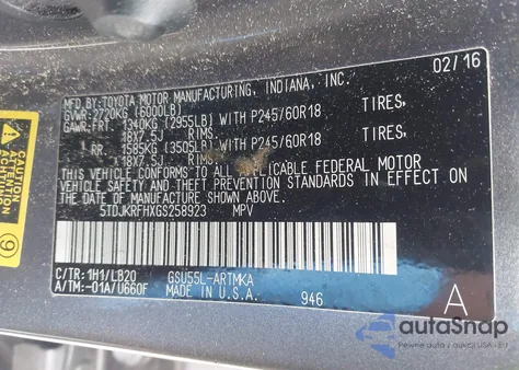 2016 Toyota Highlander Xle V6 z USA, uszkodzony, nr VIN 5TDJKRFHXGS258923